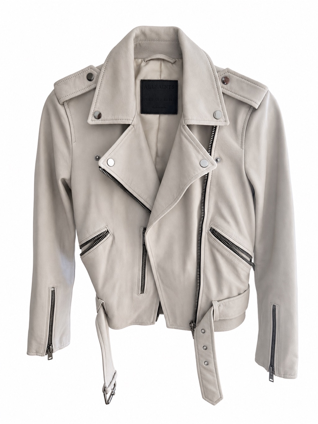 All Saints Pale Gray Leather Moto Jacket